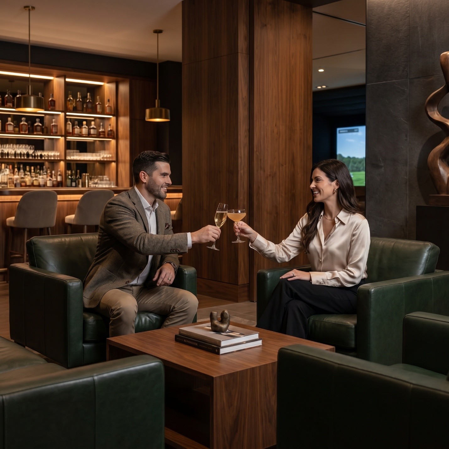 Guests in the lounge, warmly lit