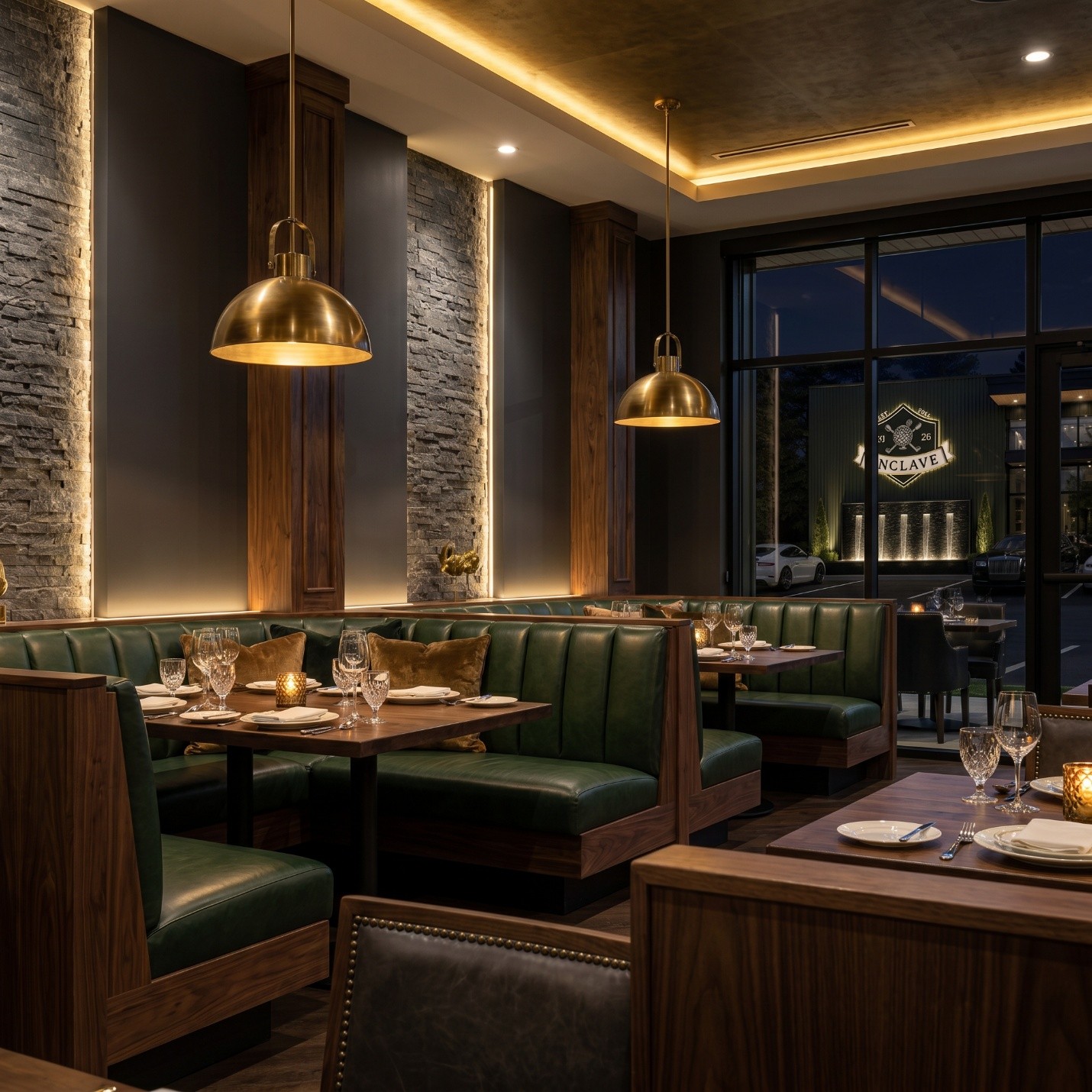 Green banquette dining room at dusk