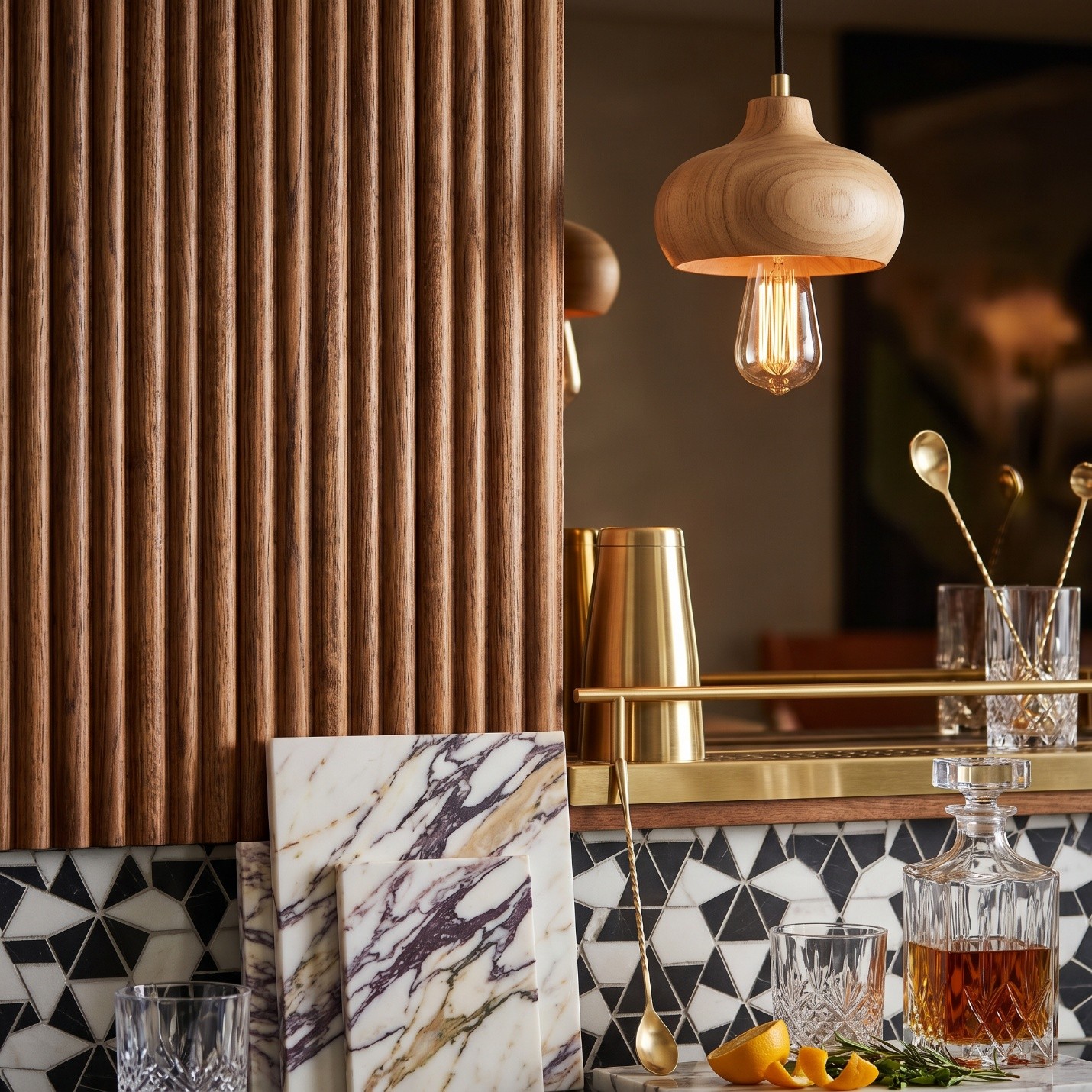 Fluted walnut wall and marble bar detail