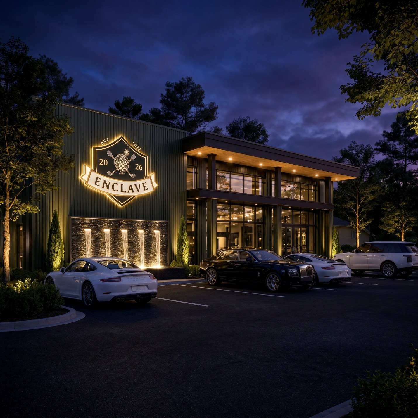 Enclave front elevation at blue hour