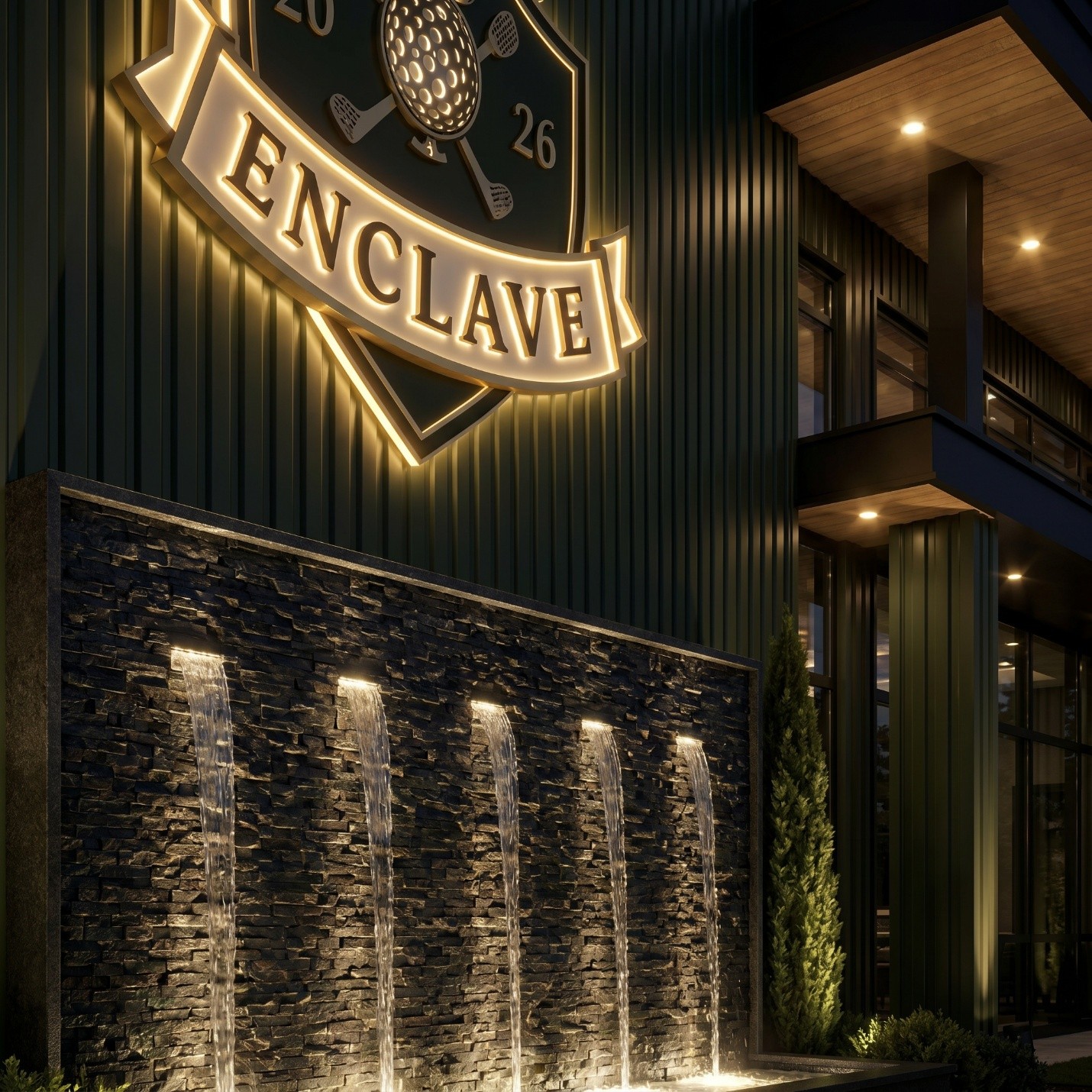 Illuminated crest against green metal exterior