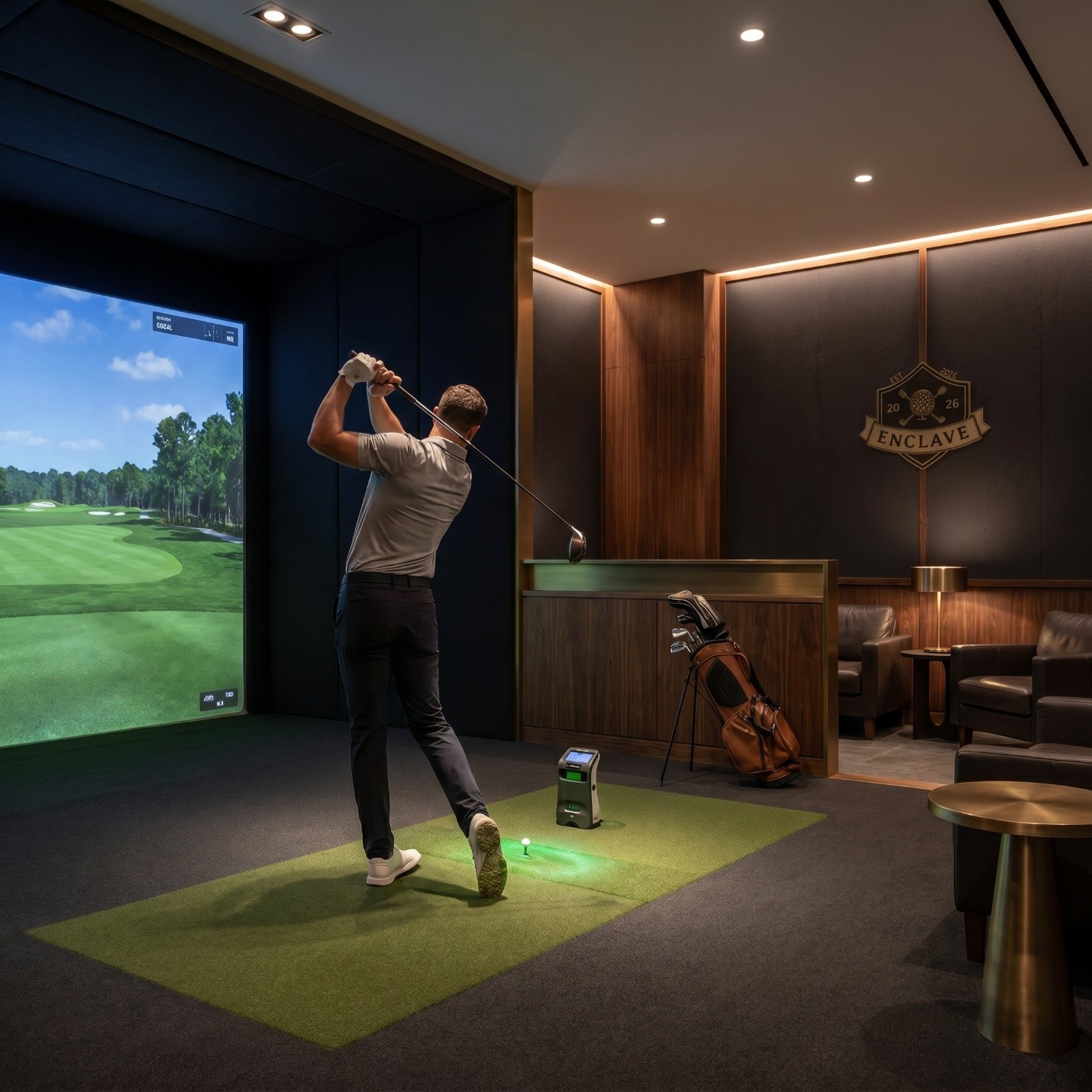 Player mid-swing inside a private simulator suite