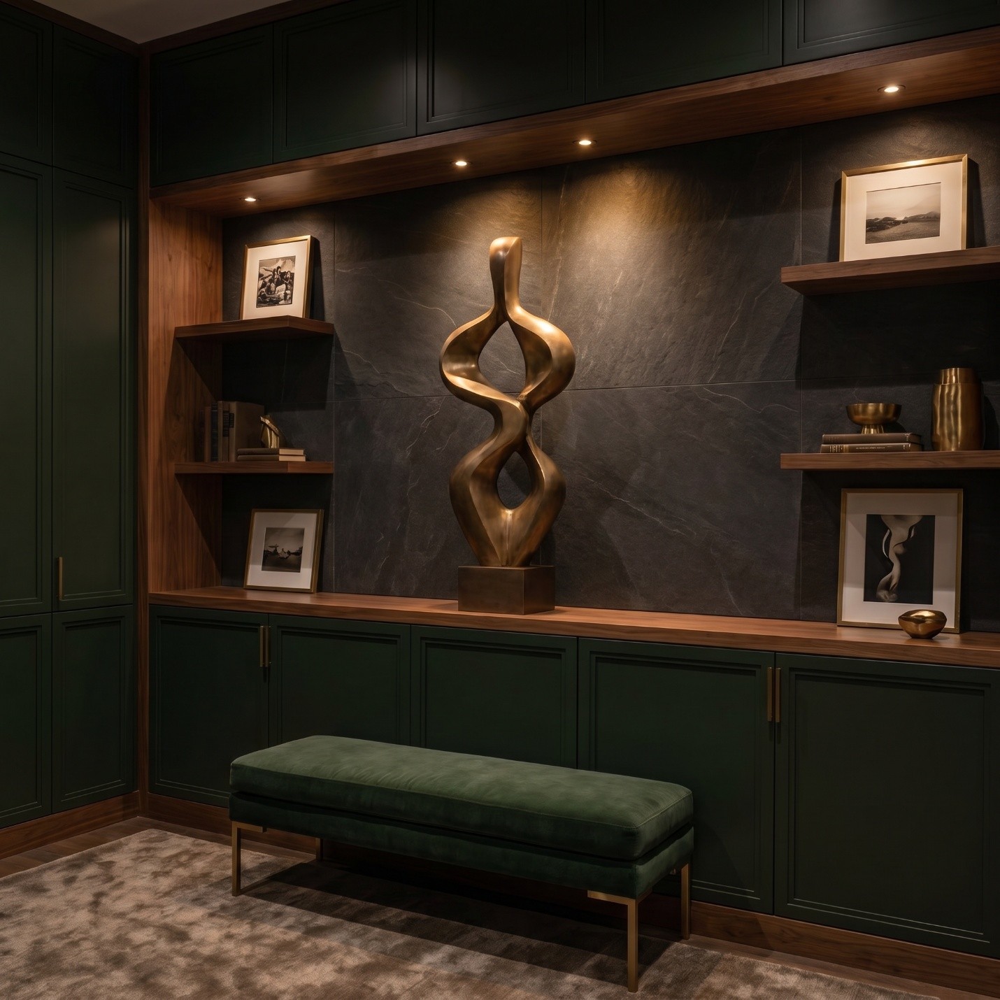 Deep green built-in with bronze sculpture