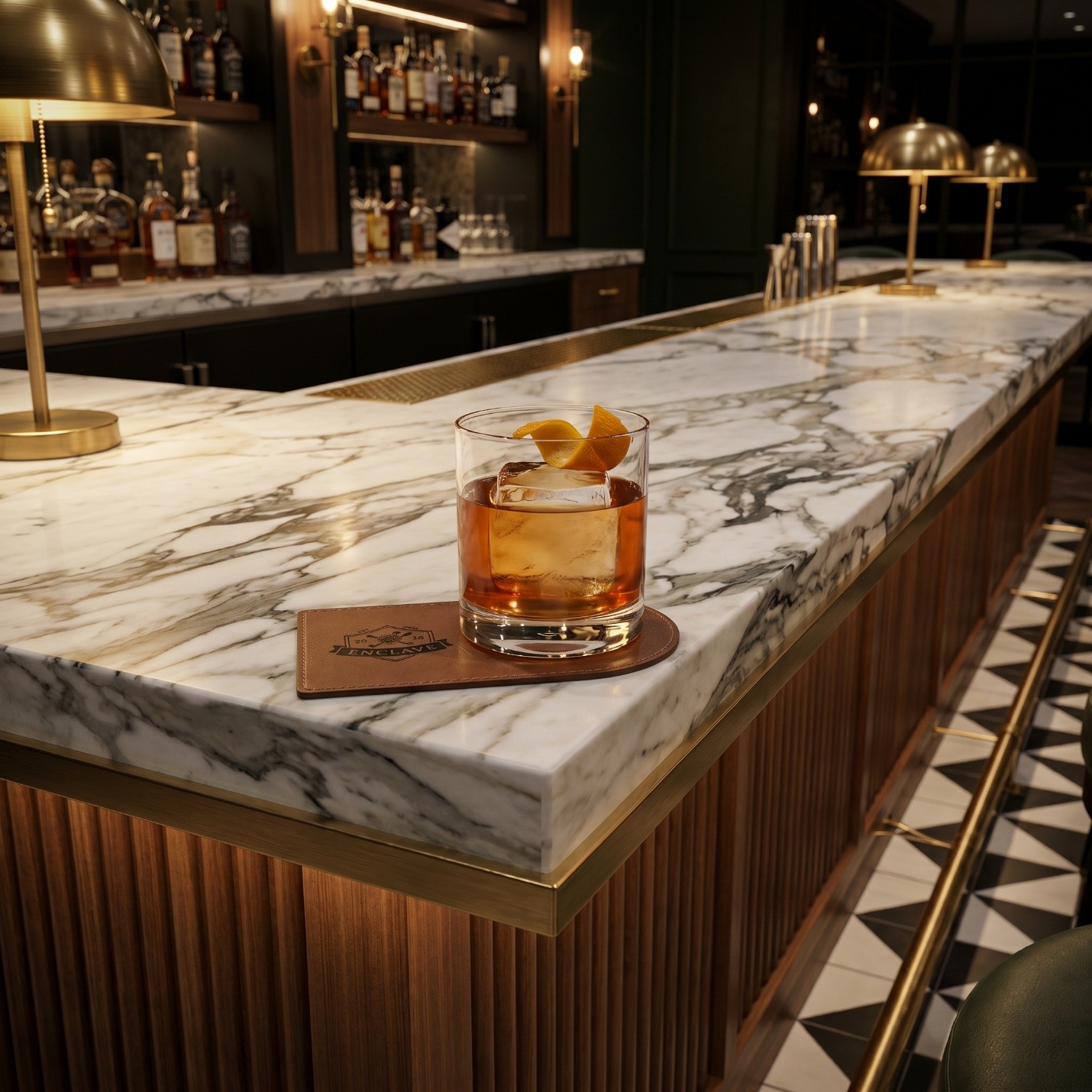 Whiskey glass on marble bar